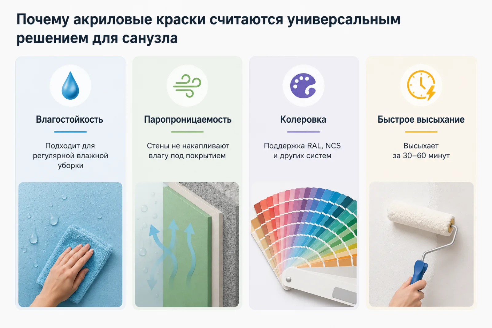 4 преимущества акриловой краски для санузла: влагостойкость, паропроницаемость, колеровка, быстрое высыхание