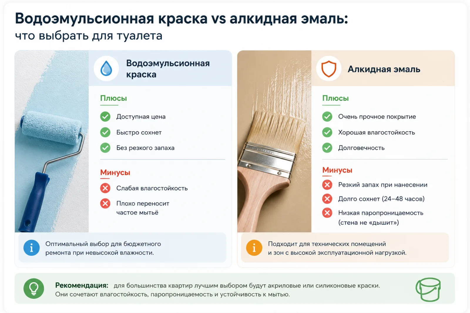 Водоэмульсионная краска vs алкидная эмаль: сравнение для туалета