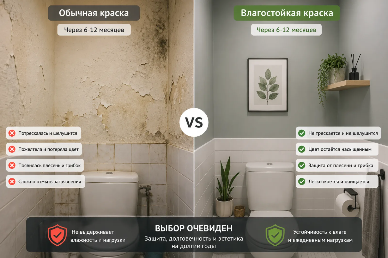 Сравнение обычной и влагостойкой краски в туалете через 6-12 месяцев